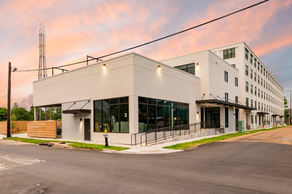 Commercial space exterior at sunset